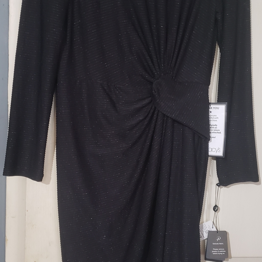 Adrianna Papell Black Asymmetrical Long Sleeve Sheath Dress